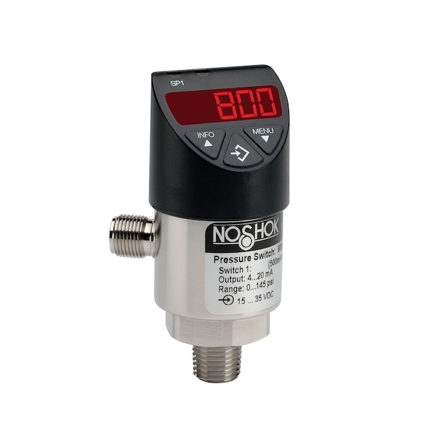 Electronic Indicating Pressure Transmitter/Switch, 1 NO or NC (PNP or NPN) Switch with 0 vdc to 10 vdc Analog Output, 1/4 NPT Male Conn, 0 psig to 300 psig Adjustment, M12 x 1 (4 Pin)